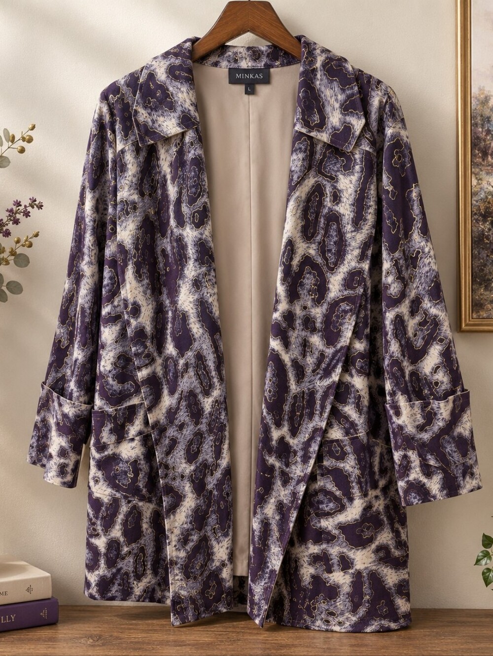 Minkas Plum Gray Gold Abstract Lined Fall Coat Jacket Size L
